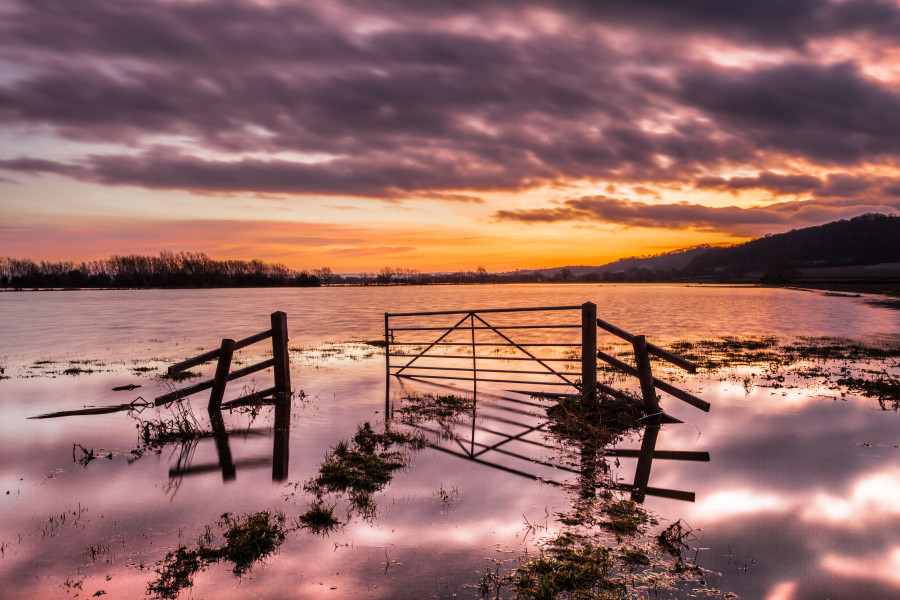 Flooded field at sunset in somerset